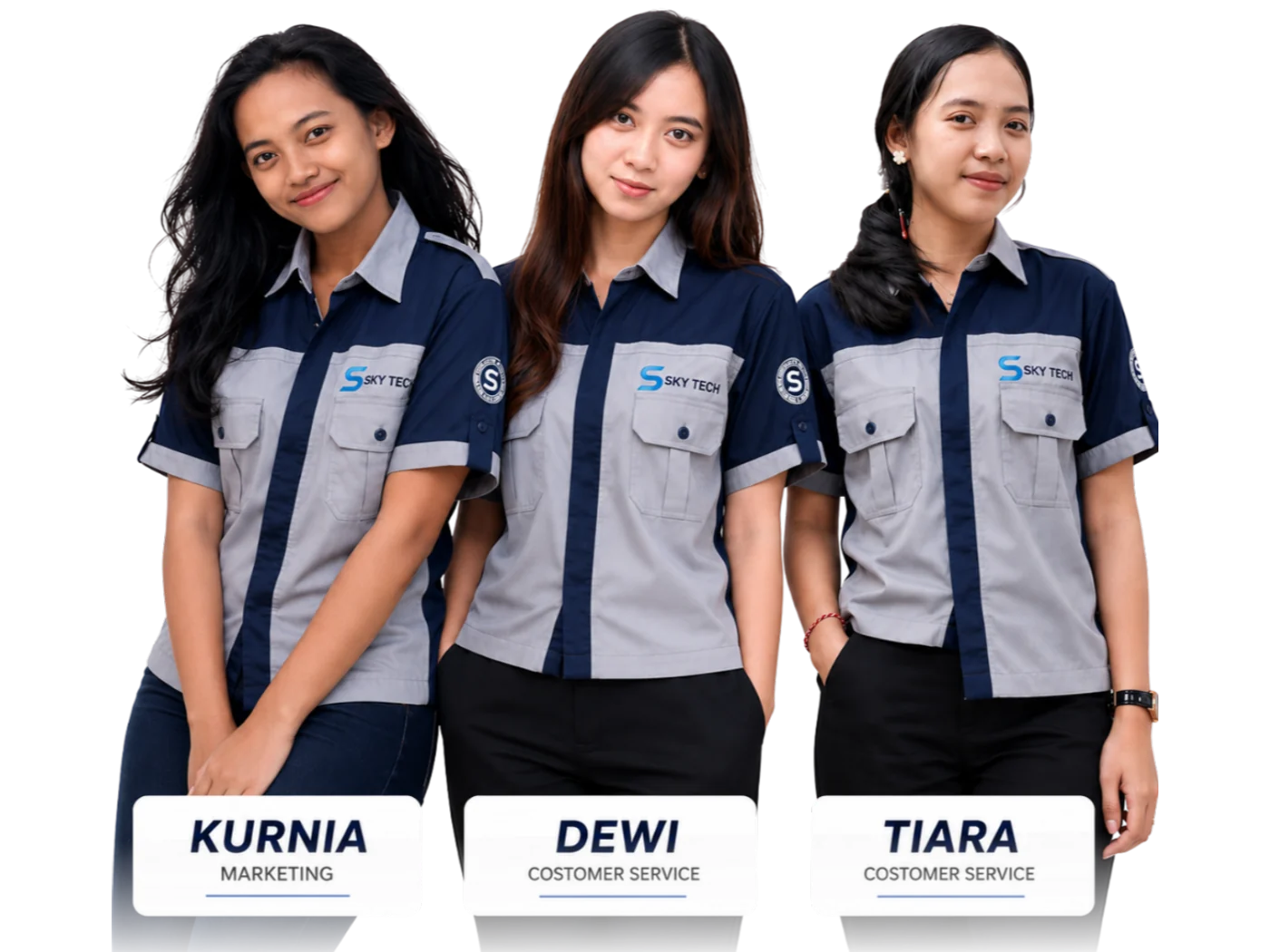 Tiga staf perempuan berseragam abu-abu dan biru dongker: Kurnia dari marketing, serta Dewi dan Tiara dari layanan pelanggan
