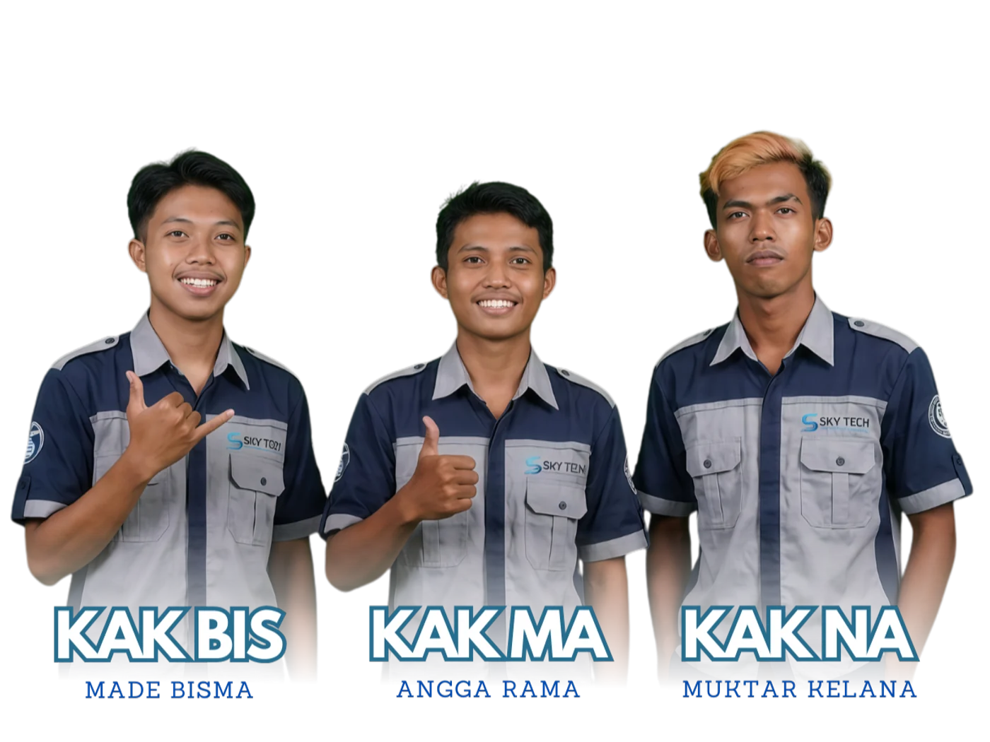 Tiga teknisi laki-laki berseragam abu-abu dan biru dongker: Made Bisma, Angga Rama, dan Muktar Kelana